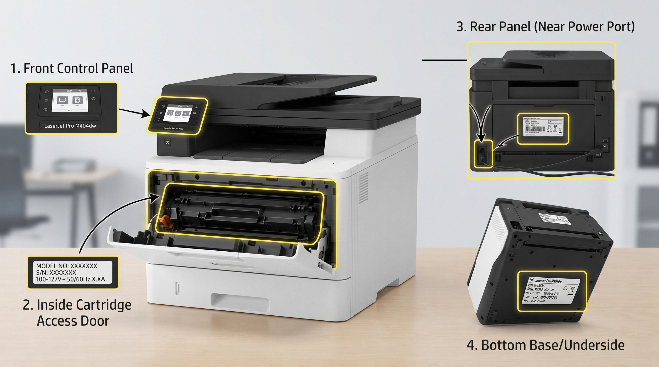 Find your exact printer model Examples of where to find a printer model number on a laser printer
